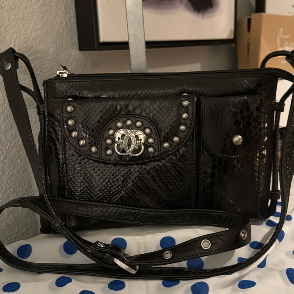 Sharif Patent Leather Snakeskin Crossbody Black
